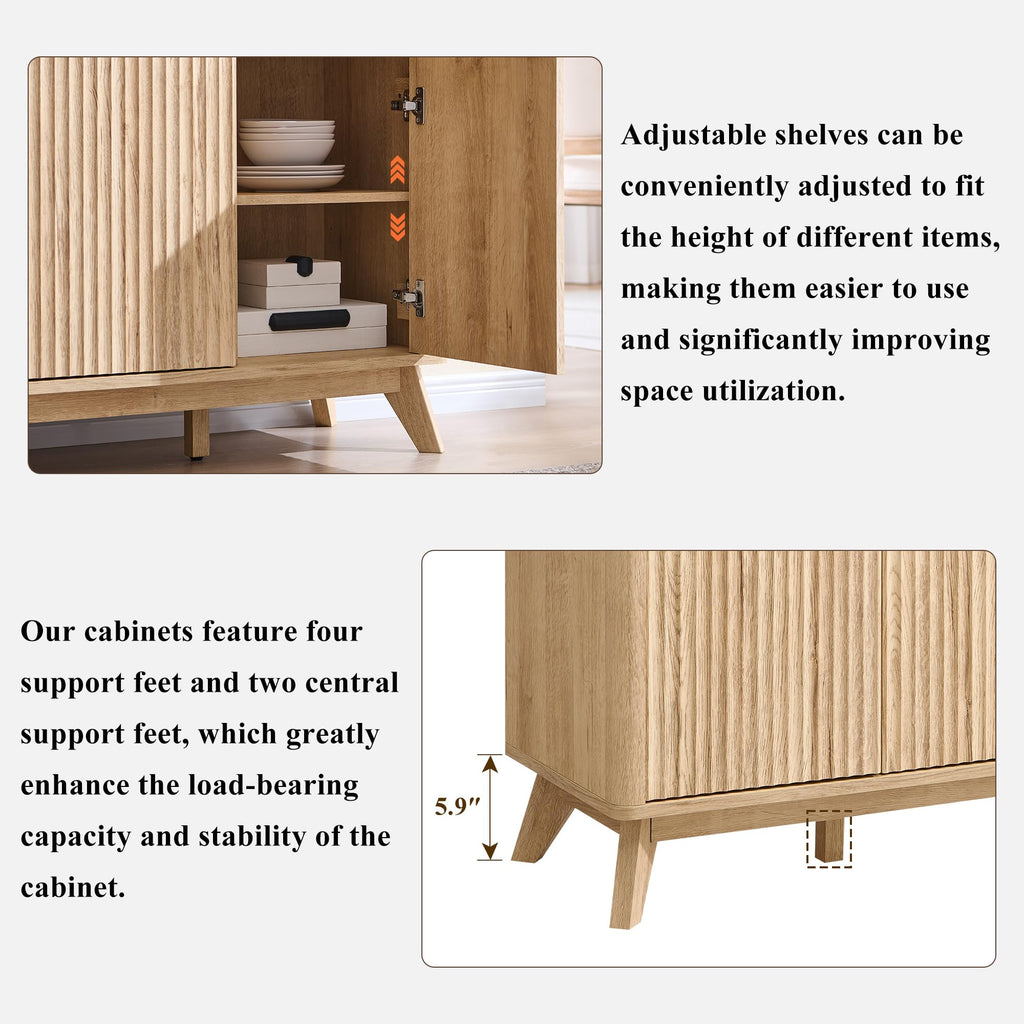 60 Inch Fluted Buffet Sideboard Cabinet, Natural Oak