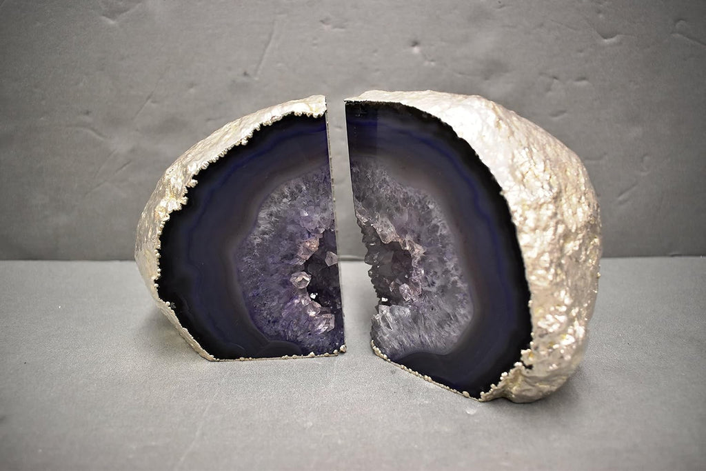 Agate Geode Bookends Silver Electroplated Small Bookends for Shelves, Non-Skid Bookend, Book Stopper for