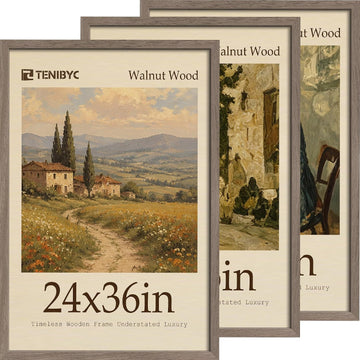 24x36 Poster Frame, Walnut Wood, 3 Pack, Gallery Wall Hanging | 1.2mm HD Plexiglass, Large Movie Poster Frame