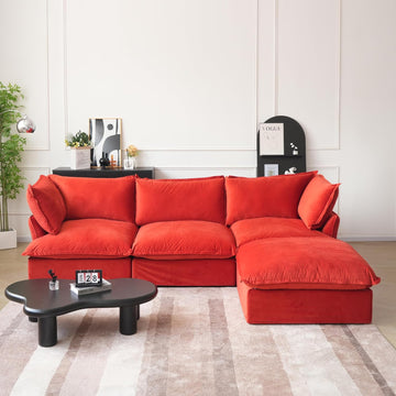 L-Shaped Modular Couches, Deep Seat Sectional Couch with Chaise Ottoman, Modern Comfy Cloud Sectional Sofas, Cushion Covers Removable, Two Corners and A Middle Sofa for Living Room (Red)