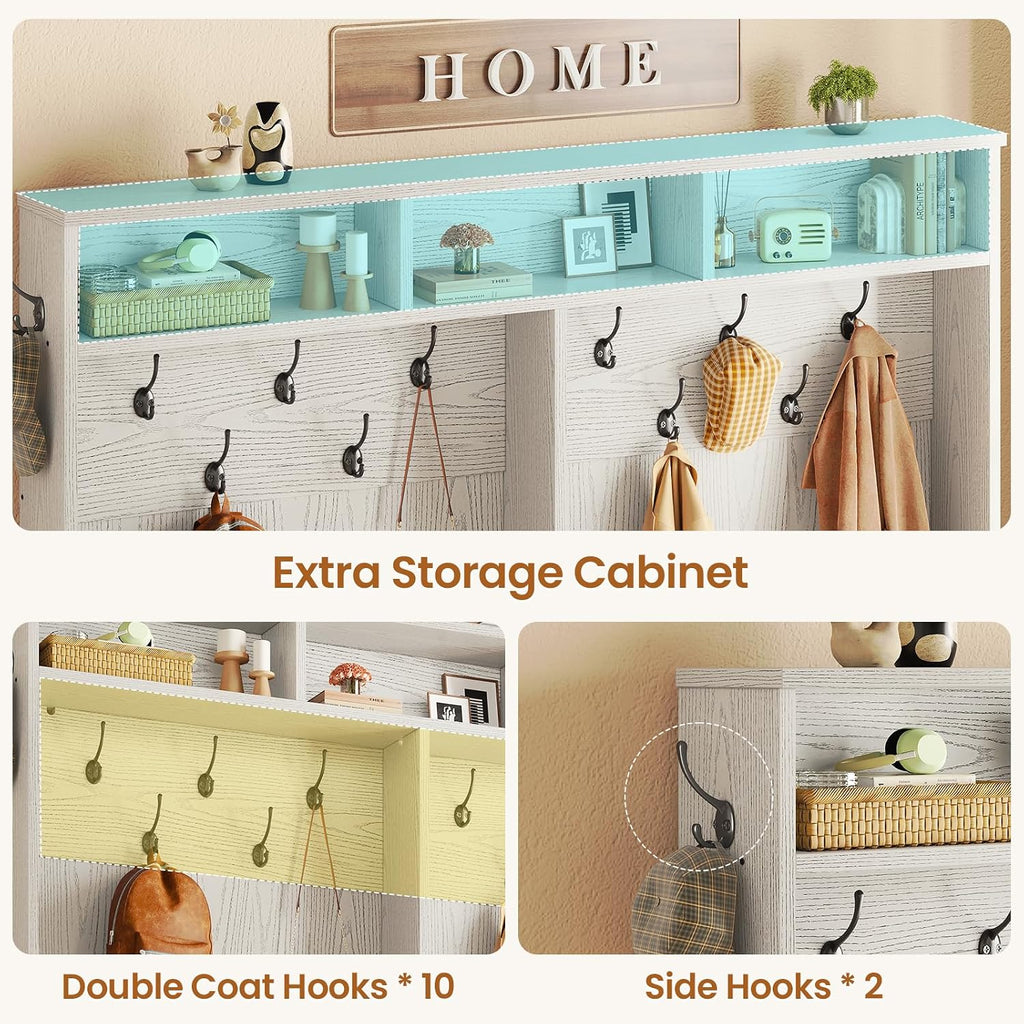 Hall Tree with Bench and Shoe Storage, 5-in-1 Entryway Bench with Coat Rack, 16 Shoe Cubbies & 12 Coat Hooks, Barn