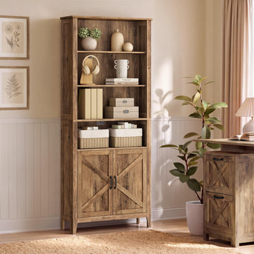 Farmhouse Bookshelf, 6-Tier Bookcase with Doors