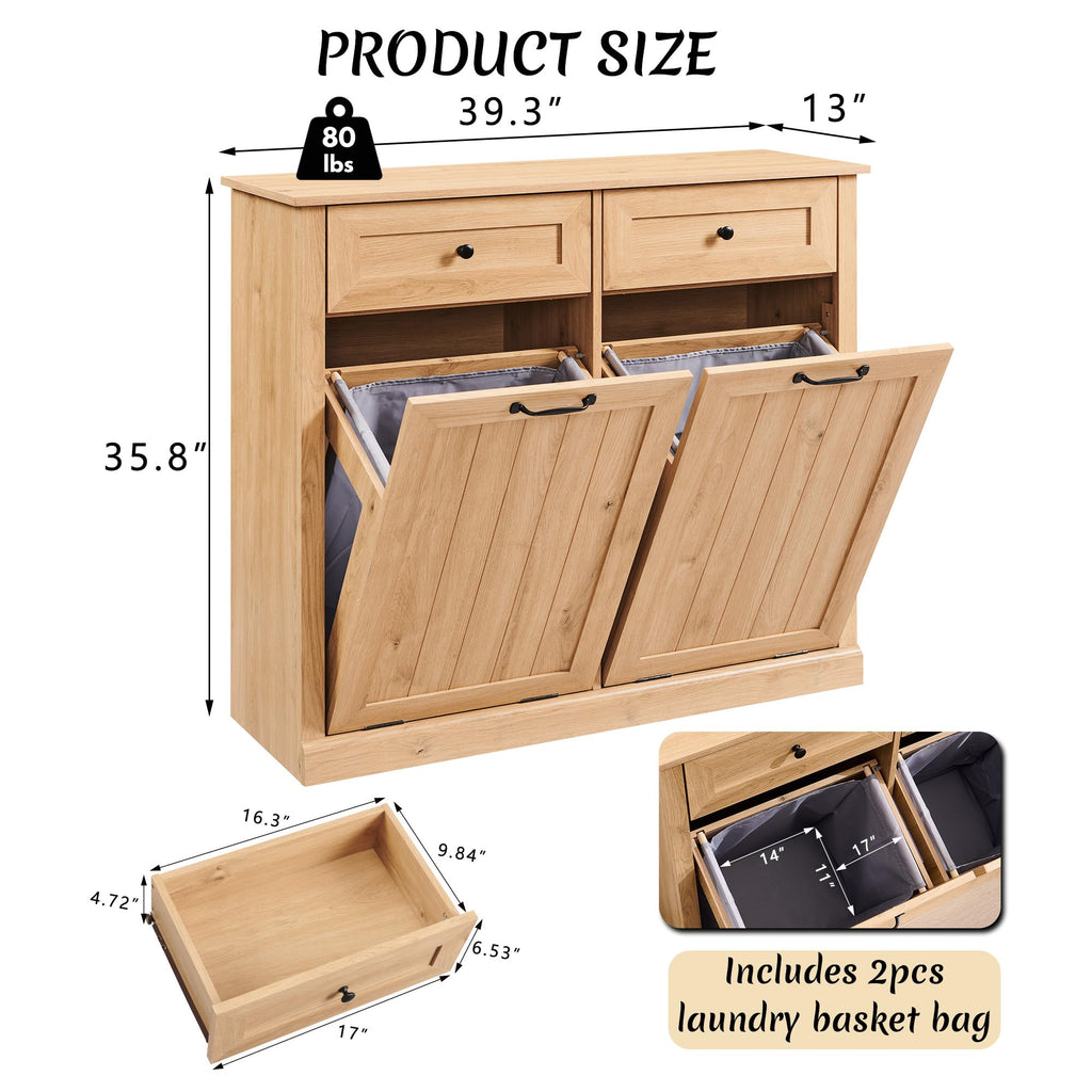 Double Tilt Out Laundry Hamper Cabinet, Trash Cabinet, Natural
