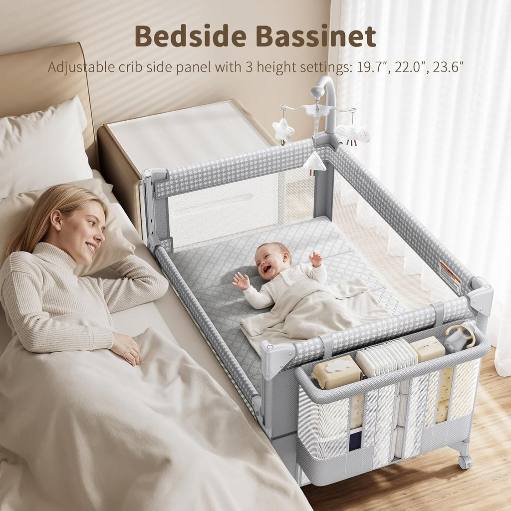 4 in 1 Baby Bassinet, One-Push Setup Pack and Play, Bedside Crib Sleeper with 3 Height Adjustable,Diaper Changer