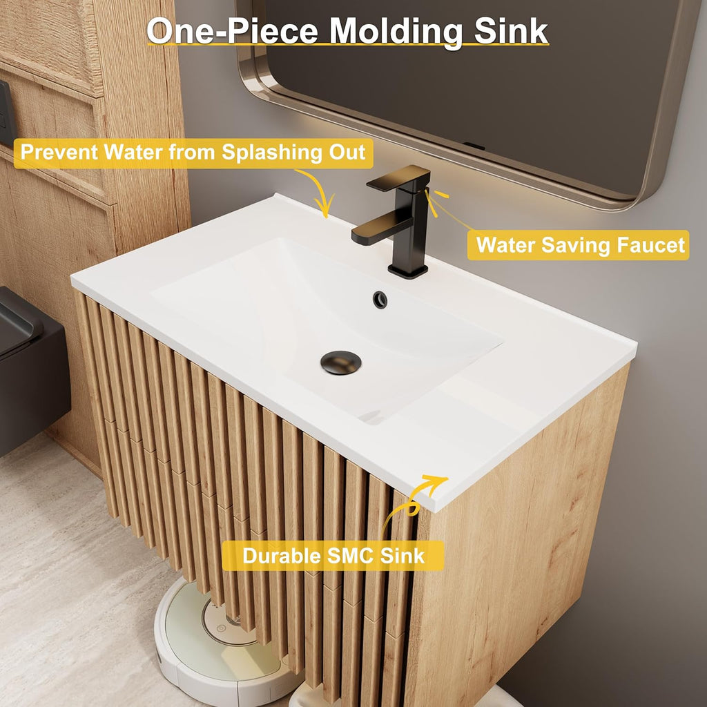 30" Floating Fluted Bathroom Vanity with Sink - Modern Wall Mounted Cabinet with 2 Drawers