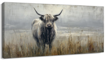 Extra Large Highland Cow Canvas Wall Art, Serene Farm Animal Painting Modern Rustic Cow Pictures Wall Decor, Textured