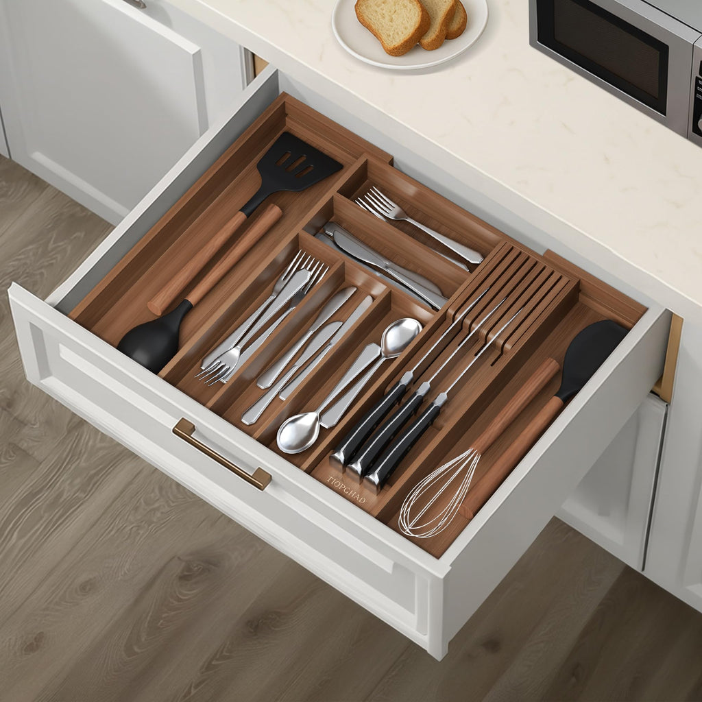 Expandable Bamboo Silverware Organizer with Knife Block, Brown