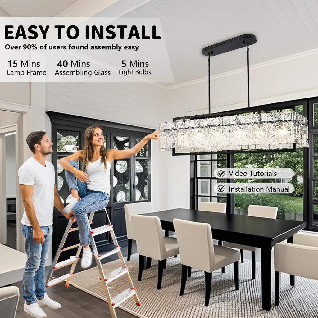 Modern Rectangle Black Crystal Chandeliers, 42" Large Rectangular Water Ripple Glass Island Light Fixture, Linear