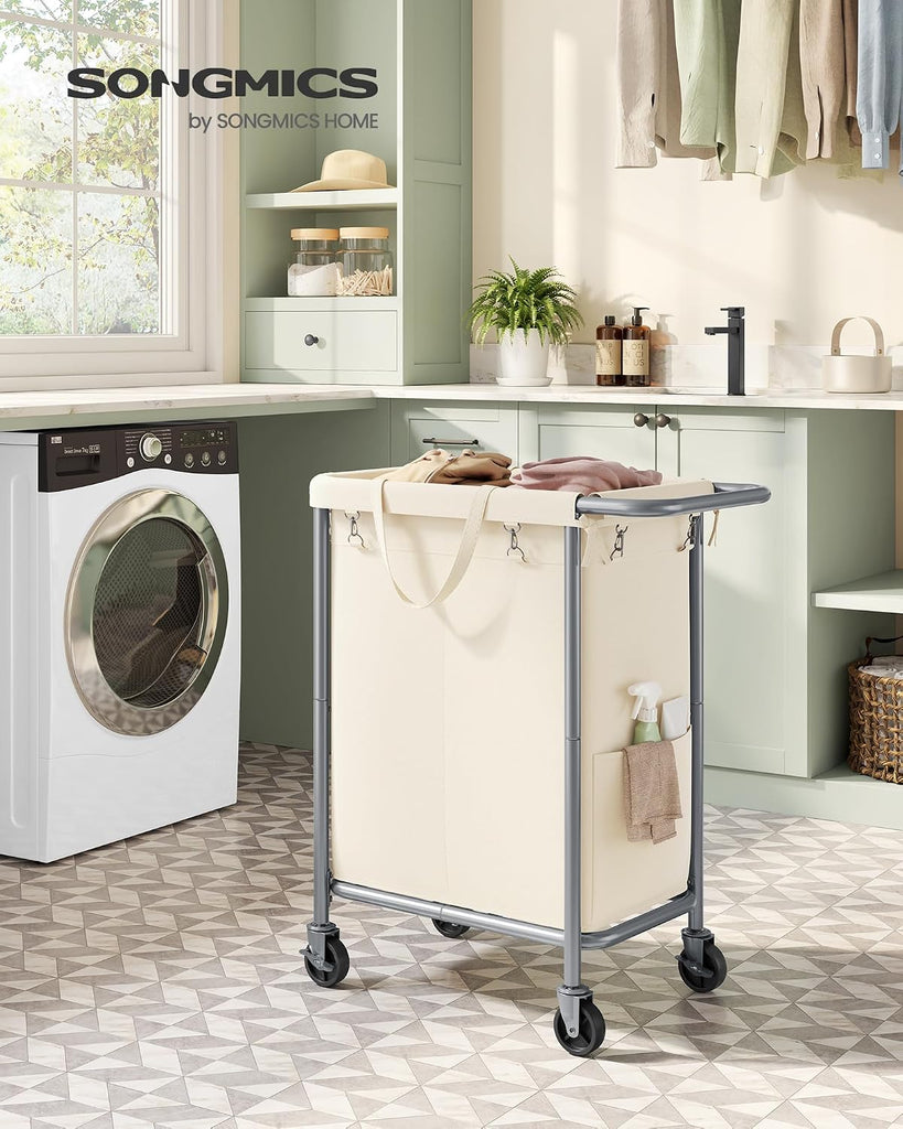 Laundry Basket with Wheels, 2-Section Rolling Laundry Hamper, 37 Gallons (140 L), Removable Liner, Steel Frame with