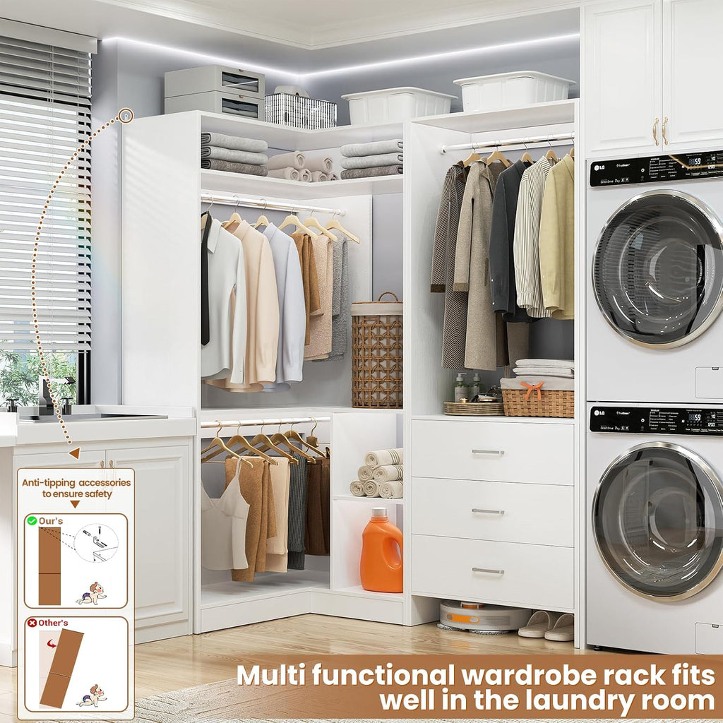 Closet System with 3 Drawers, 2 Hanging Rods & Corner Tower, Corner Closets System with Hanging, L-Shaped Walk-In