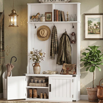 Farmhouse Hall Tree with Bench and Shoe Storage, 77" Tall Entryway Hall Tree w/ 5 Tri-Hooks Coat Rack, Mudroom Rack