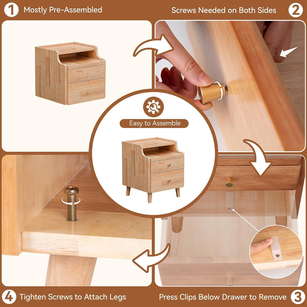 Nightstand with Drawers, Pre-Assembled, 19.7" H Natural Solid Wood Night Stand with Open Sliding Shelf, Mid Century