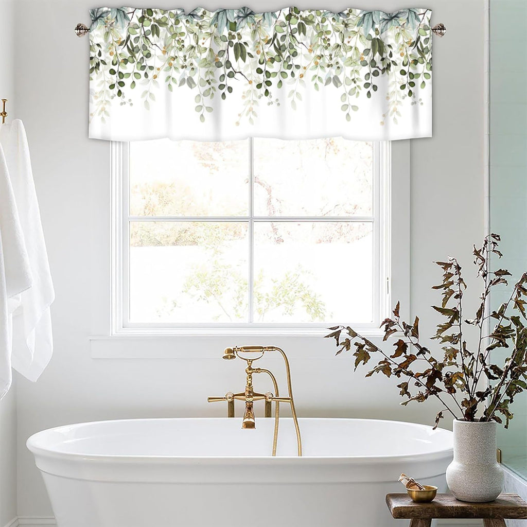Sage Green Eucalyptus Leaves Curtain Valance for Windows Watercolor Window Treatments 1 Panel Short Curtains