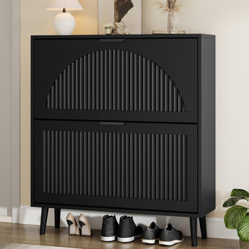 Shoe Storage Cabinet with 2 Flip Drawers, Narrow Wood Shoe Organizer Cabinet with Fluted Panel, Slim Shoe Rack