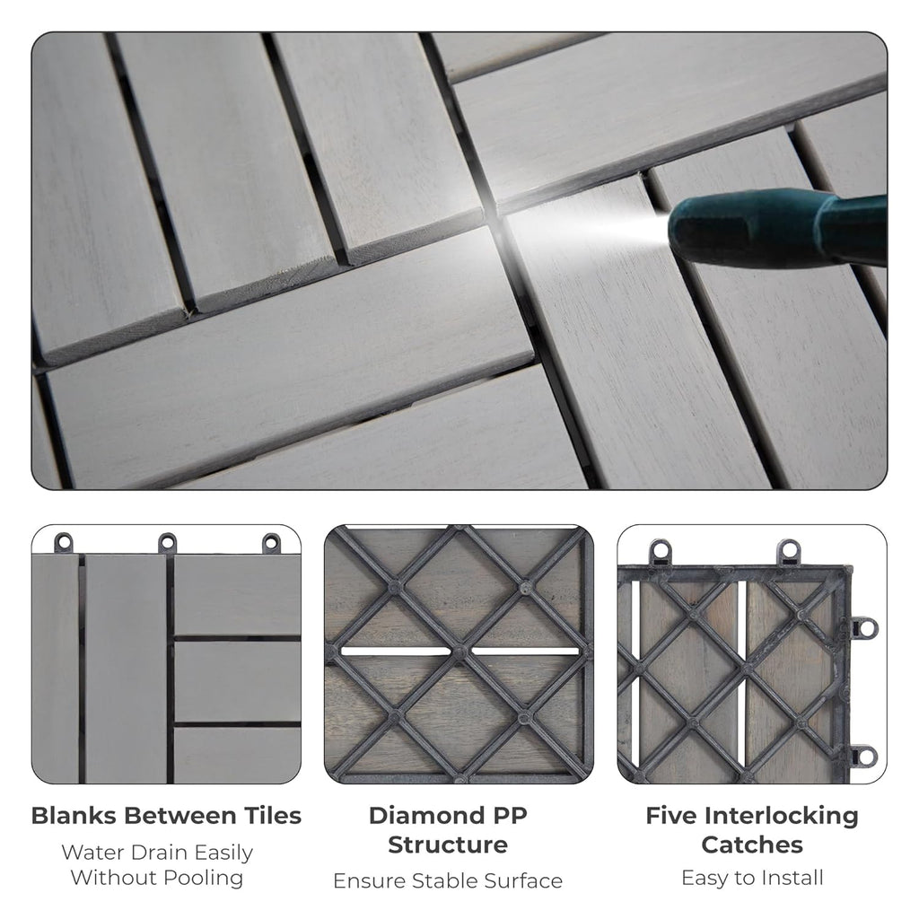 Interlocking Deck Tiles 12"x12"x0.94'' Gray Acacia Wood Patio Decor Flooring Tiles-Interlocking FSC Wood Flooring