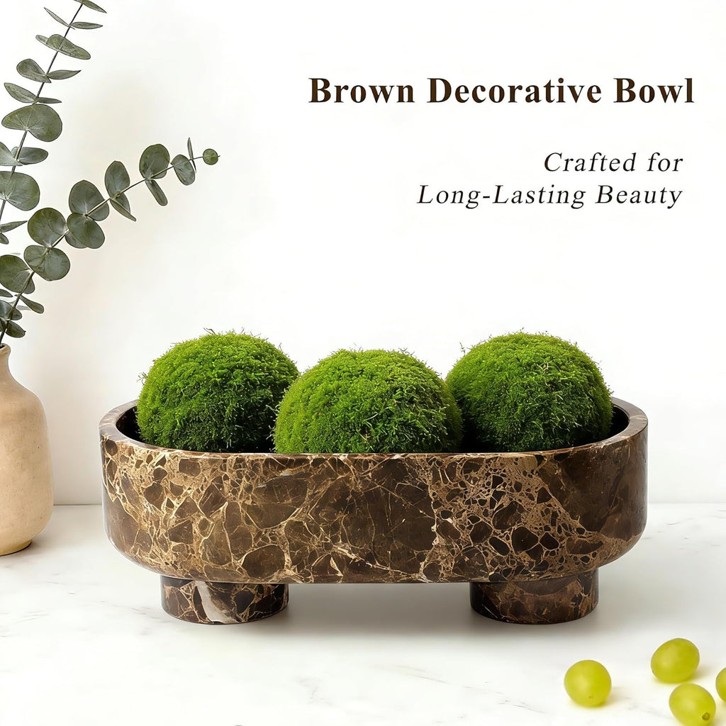 Natural Oval Marble Fruit Bowl, Two-Legged Decorative Bowl Dark Brown | 10" Large Handcrafted Marble Catchall Bowl