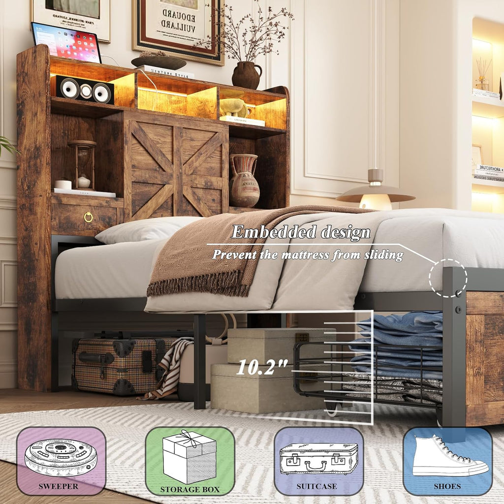 Twin Bed Frame with Storage Headboard and Drawers, Farmhouse Platform Bed Frame with Charging Station & LED Lights