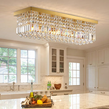 6-Light Modern Crystal Chandelier, Gold Rectangular K9 Crystal Raindrop Chandelier Flush Mount Ceiling Light Fixture