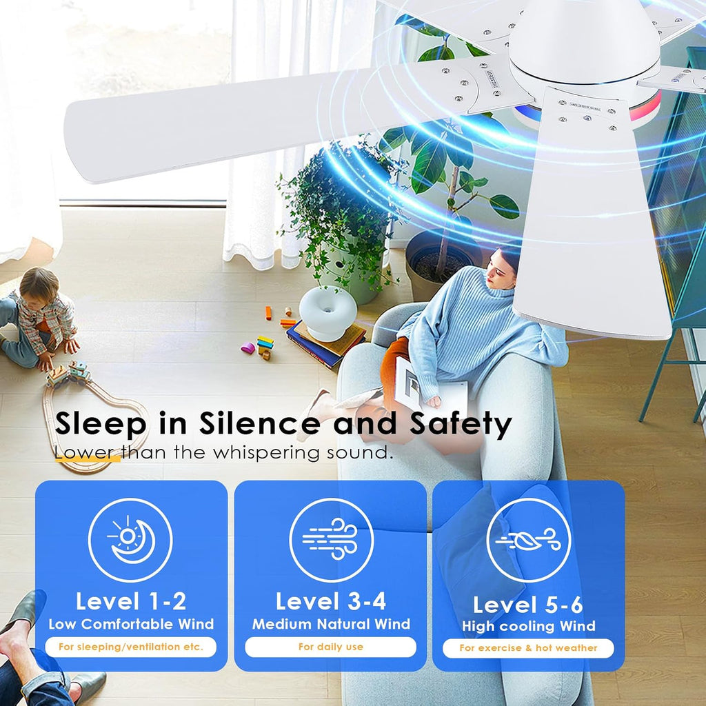 52" Flush Mount RGB Ceiling Fans with Lights - White Low Profile Ceiling Fan Light with Remote/APP, RGB+3CCT 6 Wind Speeds and Reversible, Modern Fan Light Fixture for Party, Kiad's Room