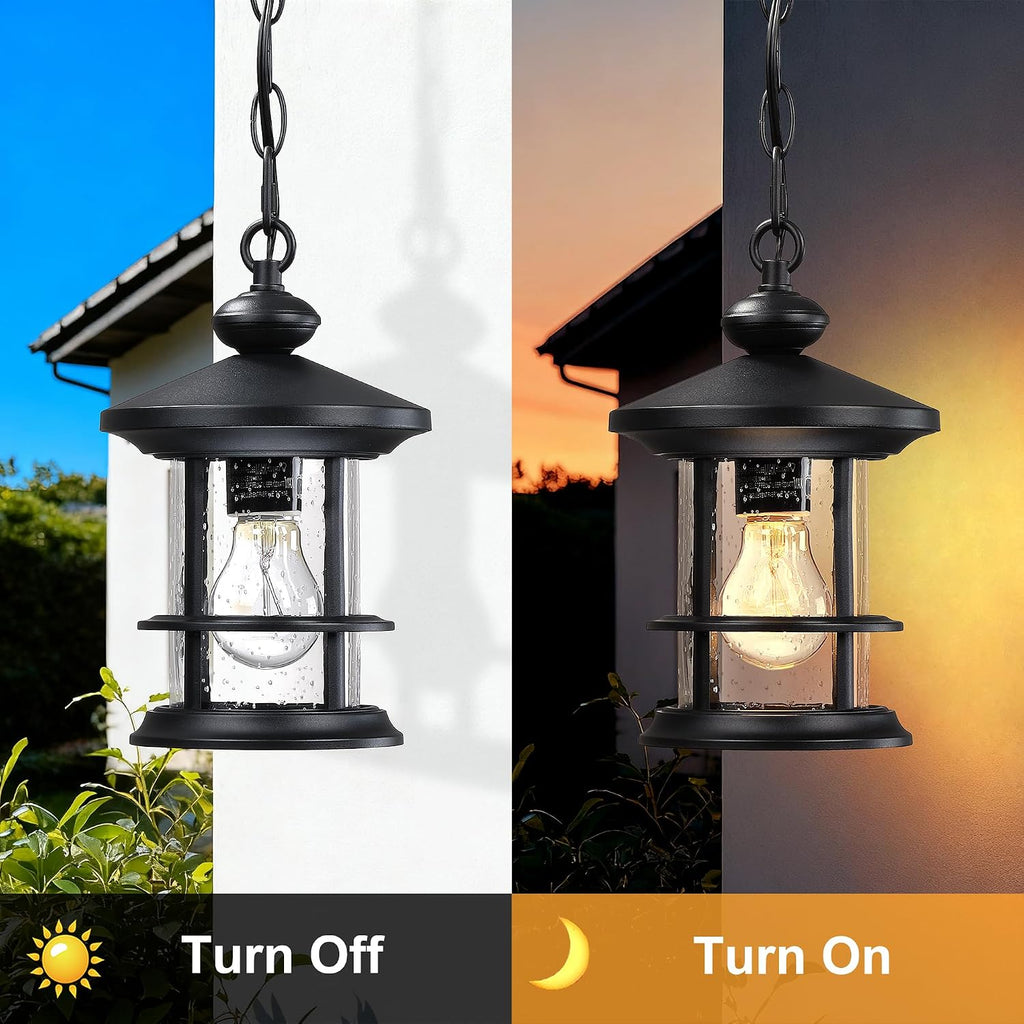 Vintage Hanging Porch Lantern, Matte Black Outdoor Pendant Light with Seeded Glass