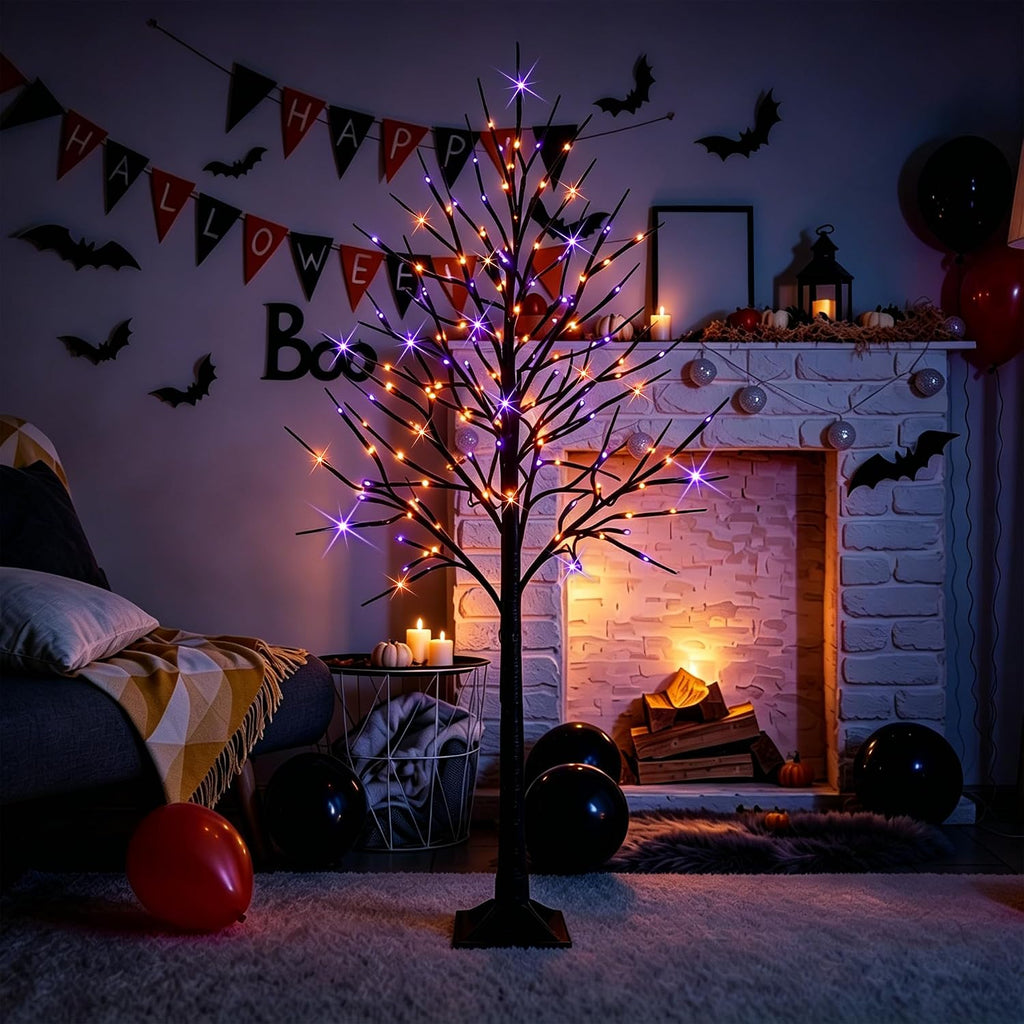 FT Halloween Lighted Black Birch Tree, Total 288 LED Purple and Orange Spooky Tree with Timer, Waterproof - Set of 2