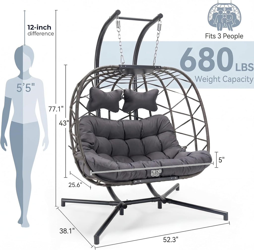 Double Egg Swing Chair with Stand, Oversized 2-Person Indoor Outdoor Hanging Hammock Chairs with Cushion, Wide and