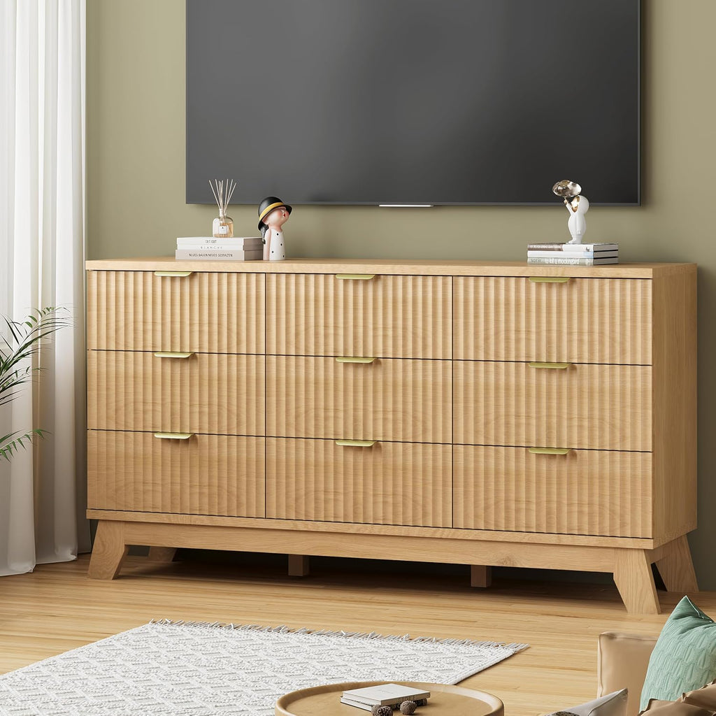 Fluted Dresser with 9 Drawers, 57" Wide Modern Chest of Drawers with Metal Handle, Wooden Dresser TV Stand, Wood