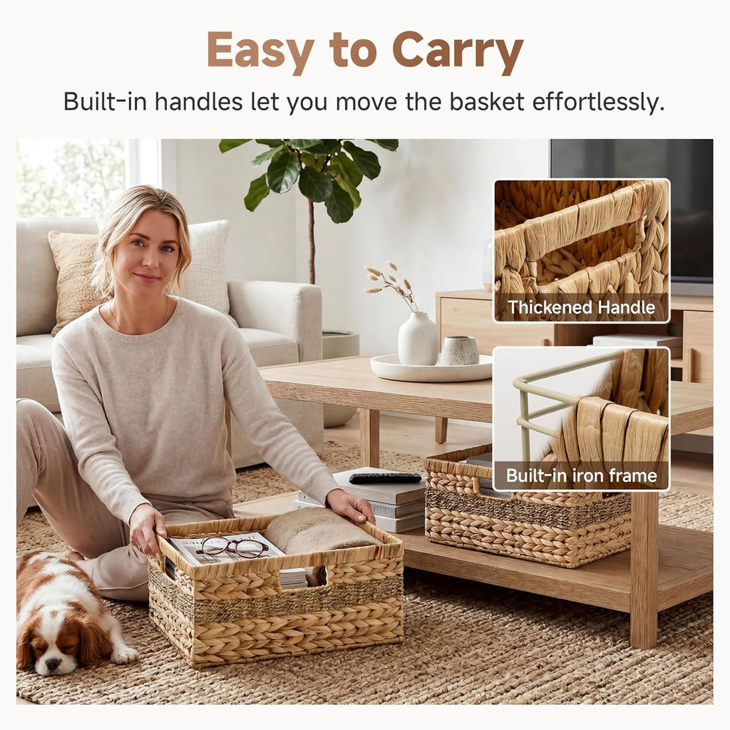 Jumbo Rectangular Wicker Basket, Water Hyacinth and Seagrass Storage Basket with Built-in Handles, 1 Pack | Woven