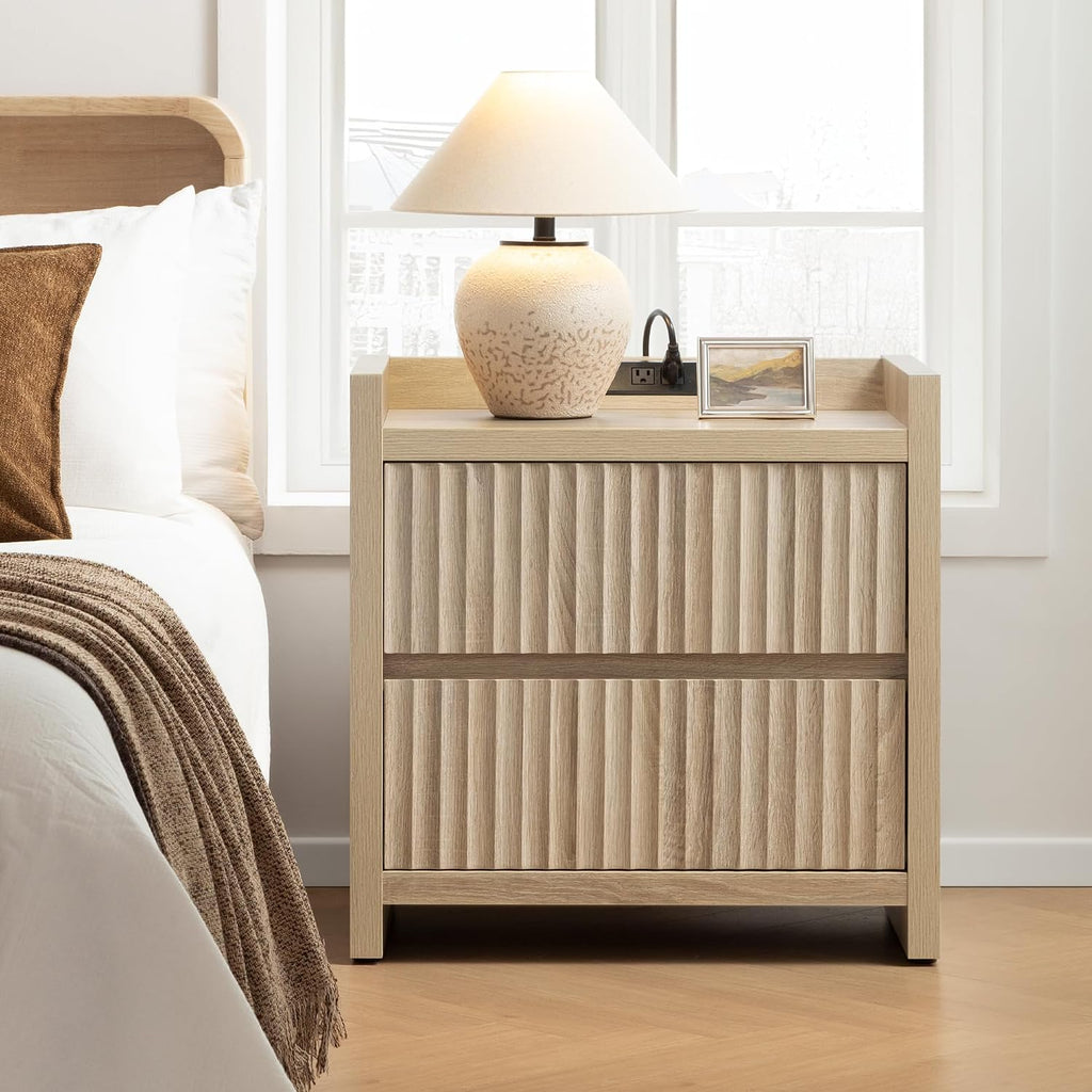 Night Stands Set of 2-Fluted Nightstands with Charging Station- Large Nightstand Bedside Table End Table with 2