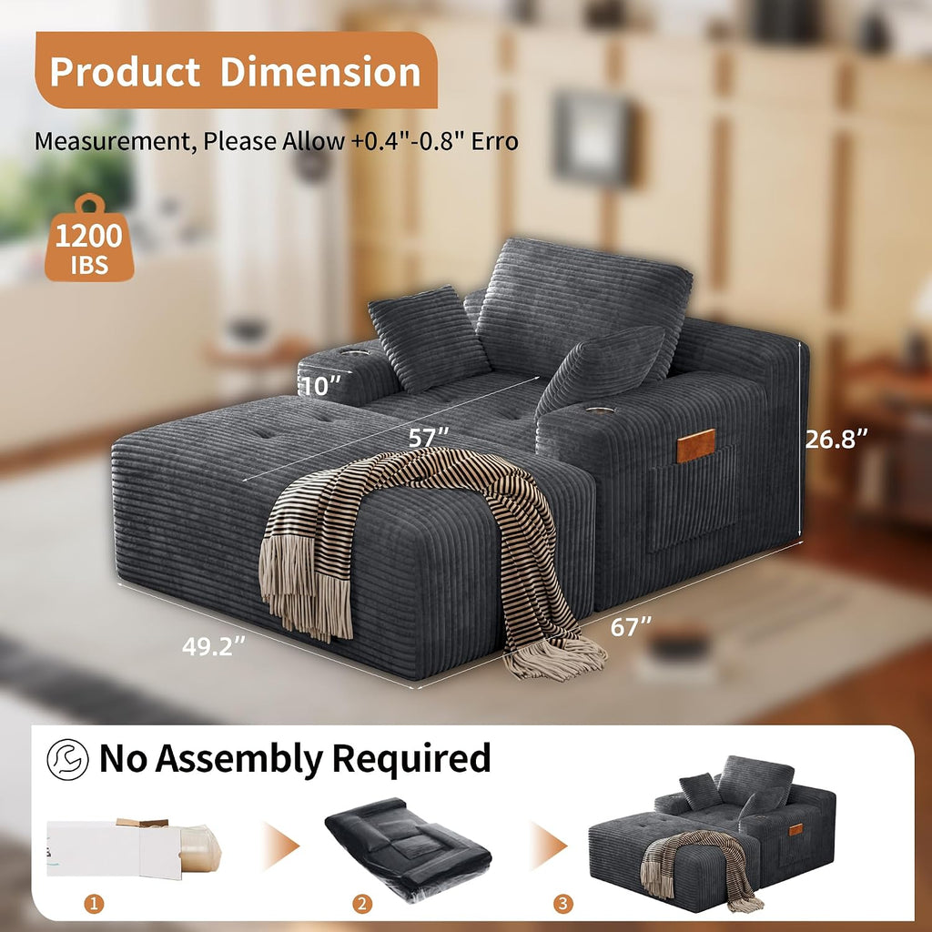 67" Oversized Chaise Lounge Chair Indoor, Corduroy Upholstered Boneless Sofa Bed, Modern Deep Seat Cloud Sleeper