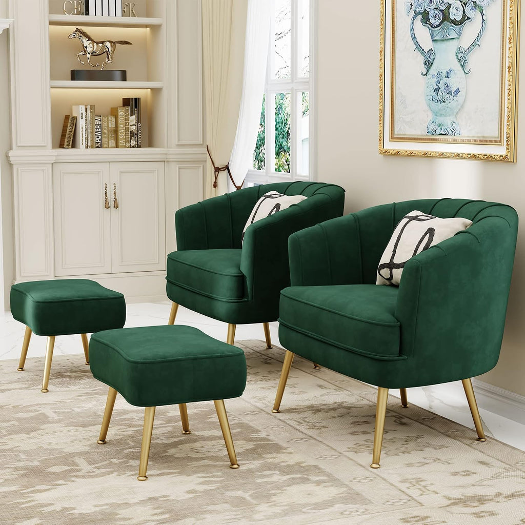 Velvet Accent Chair with Ottoman, Upholstered Modern Single Sofa Side Chair,Comfy Barrel Club Living Room Armchair