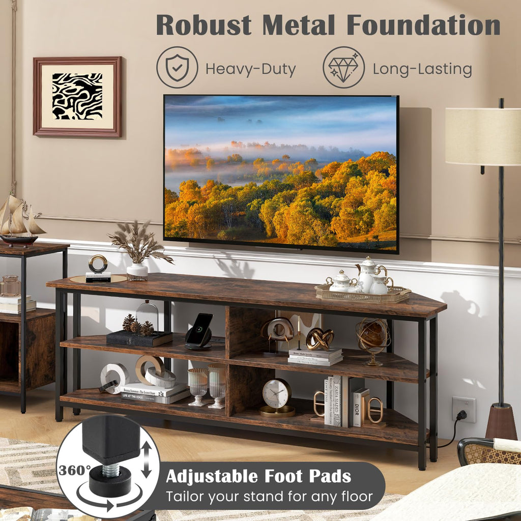 Corner TV Stand for TVs up to 65", TV Console Table w/AC Outlets, USB A Ports, USB C Port, Metal Frame & Storage