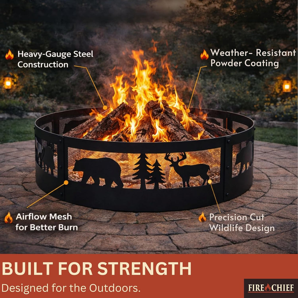 Fire Chief 36 Inch Fire Pit Ring – Heavy Duty Wood Burning Fire Ring Insert with Decorative Wildlife Design – Outdoor Steel Campfire Bonfire Pit - Image 3