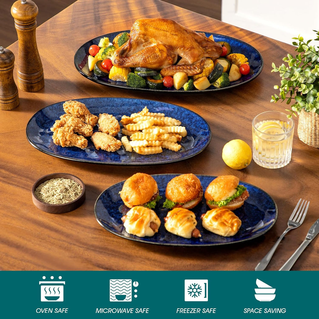 Ceramic Serving Platters Set of 3, Oval 16/14.7/13.5 Inch Stoneware Serving Dishes for Entertaining, Microwave Safe