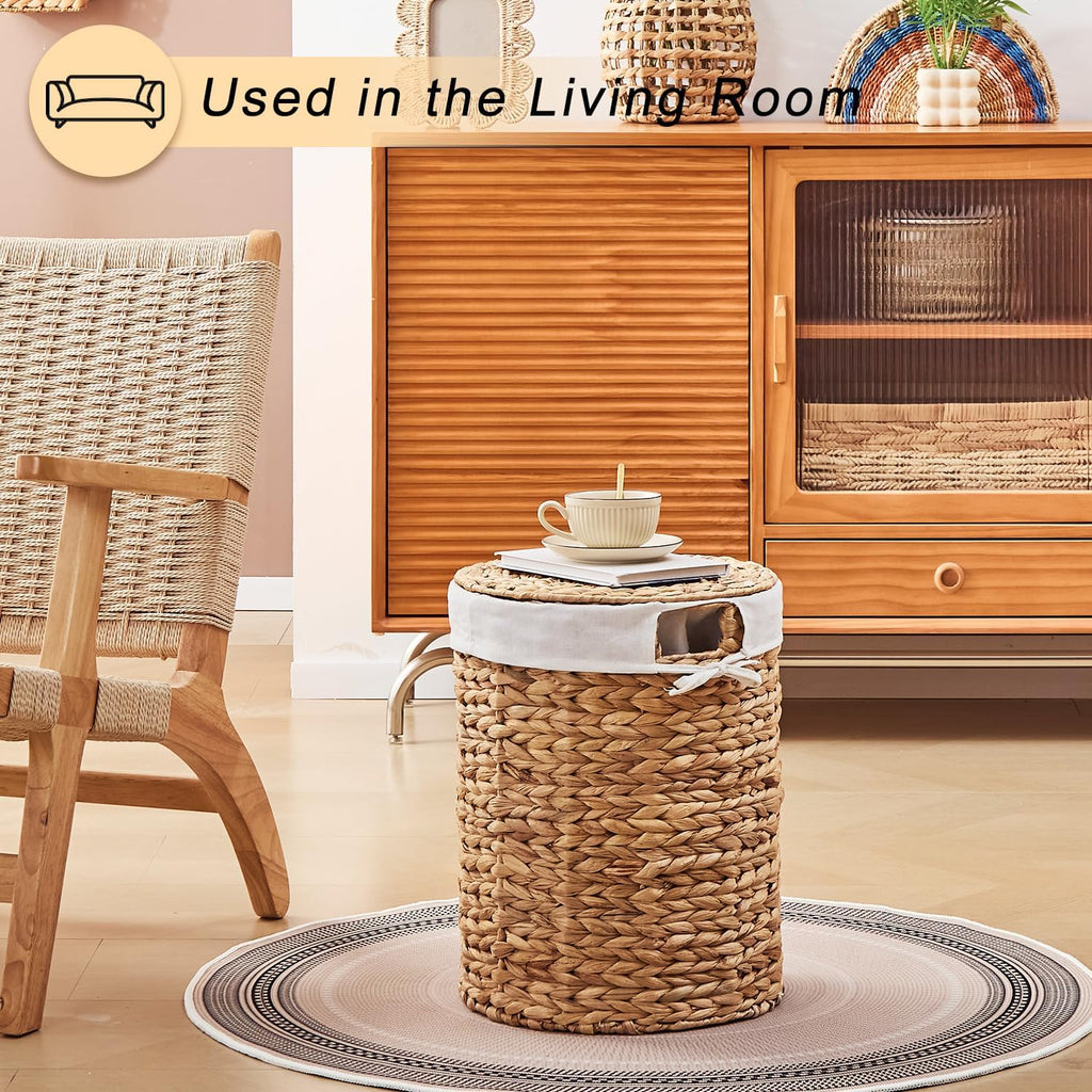 Round Water Hyacinth Laundry Hamper with Lid Handwoven Wicker Basket with Handles for Dirty Clothes, Storage, and
