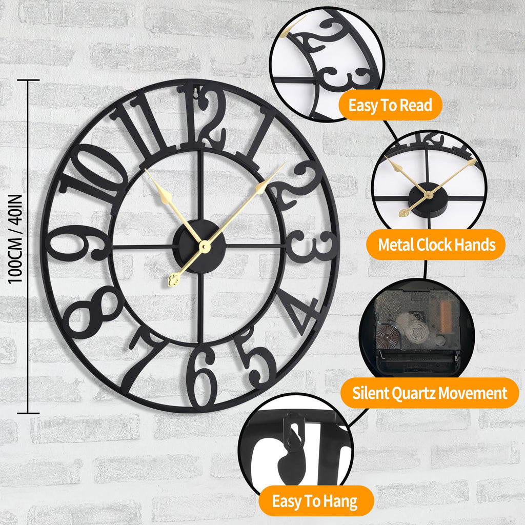 40 Inch Extra Large Wall Clock, Decorative Oversized Arabic Numerals Battery Operated Black Metal Wall Clocks
