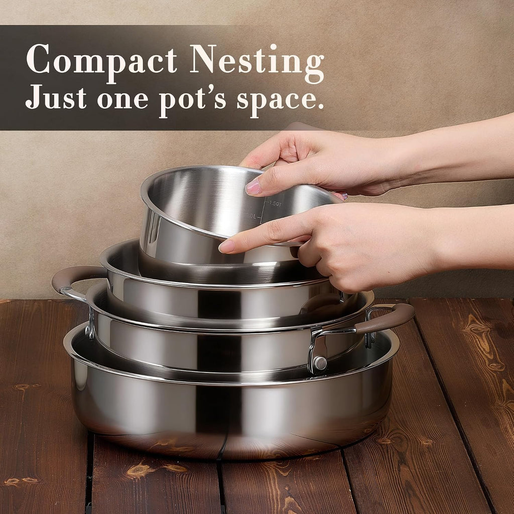 19pcs Tri-Ply Stainless Steel Cookware Set with Detachable Handle | Pots and Pans Set, Even Heating, Non-Toxic