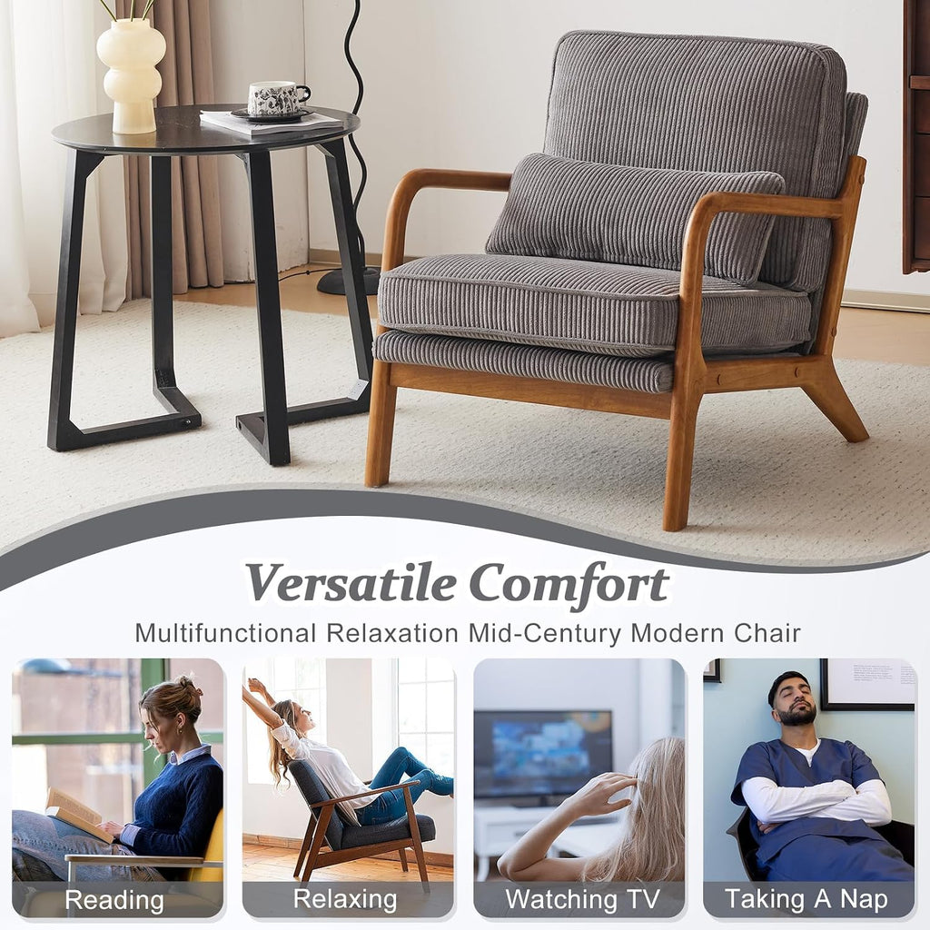 Upgraded Premium Corduroy Accent Chair,Upholstered Arm Chair,Solid Wood Comfy Reading Chair with Lumbar Pillow, Mid