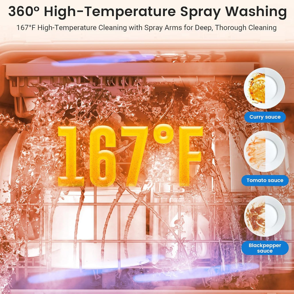 WiFi Countertop Portable Mini Dishwasher, Smart 9 Programs,167℉ High-Temp, Hot Air Drying, Air Refresh, 360° 3 Spray