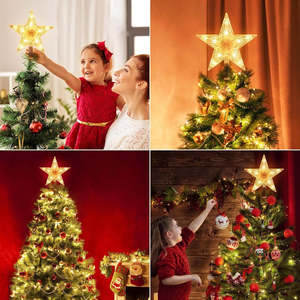 Christmas Tree Topper Lighted Star with Built-in 10 Replaceable Bulbs, 9.5" Clear Five-Pointed Star Tree Topper Plug