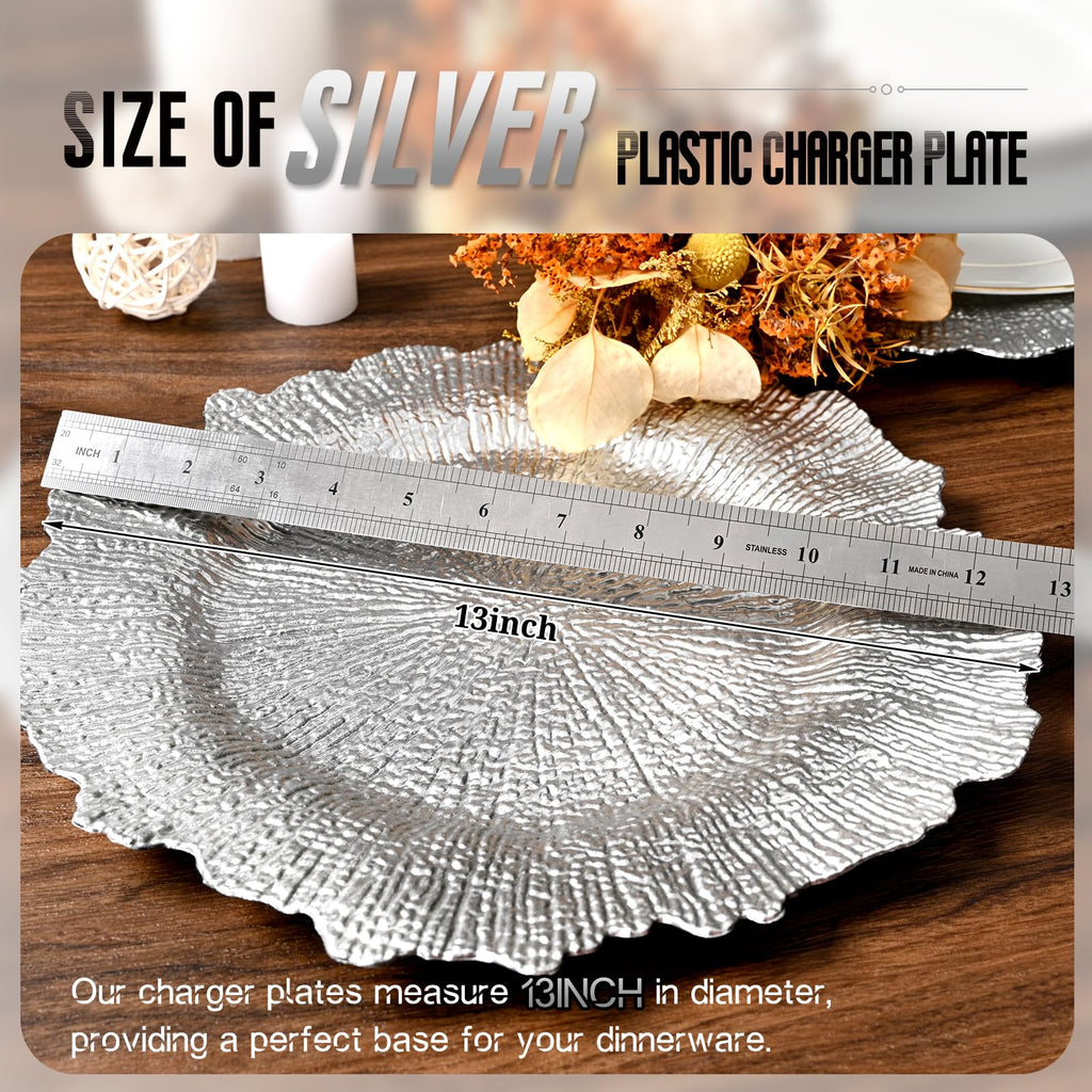 Silver 10pcs Reef Charger Plates Bulk - Modern Plastic Dinnerware Charger Plates for Events