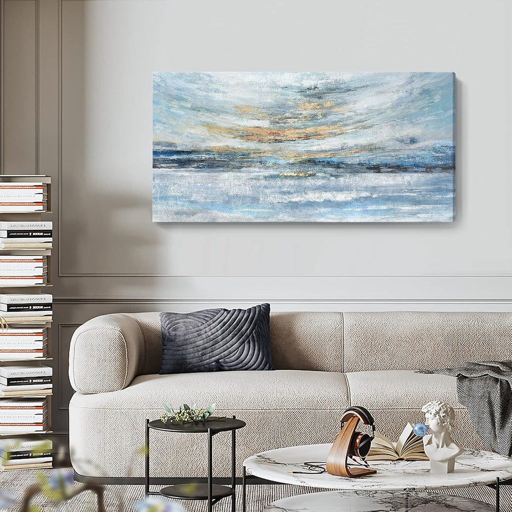 Abstract Wall Art Large Framed Light Blue Canvas Print Coastal Theme Artwork Modern Ocean Skyline and Sunset &