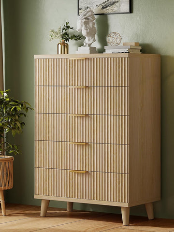 Dresser Wood Tall Dressers Drawers, Fluted Modern Dresser 5 Drawers Natural