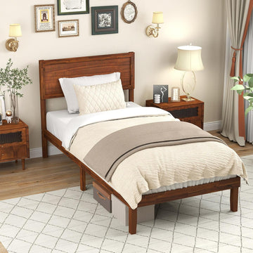 Queen Bed Frame, Mid-Century Modern Platform Bed with Headboard, Wooden Slat Support Mattress Foundation, Under-Bed