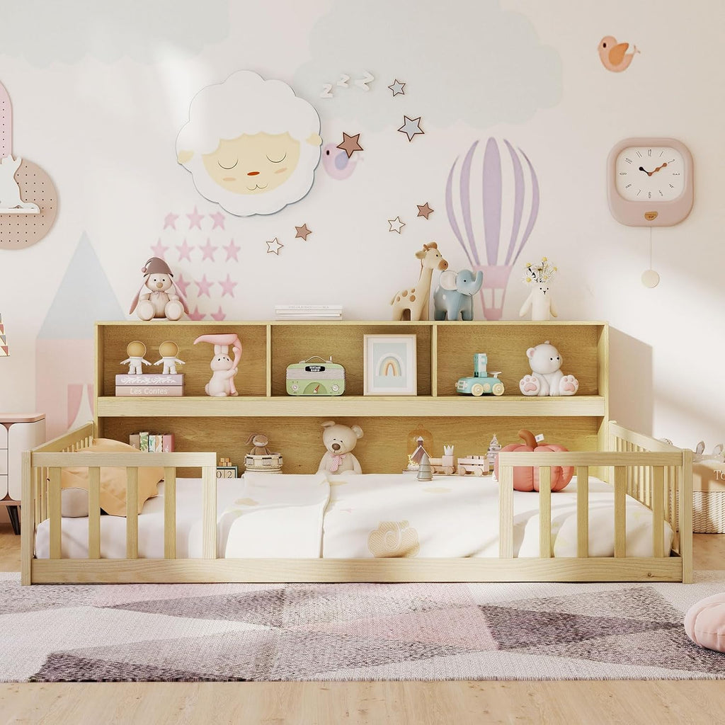Full Size Floor Bed for Kids, Wooden Montessori Bed Frame with Bookcase, Storage Shelves & Safety Fence Rails, Floor