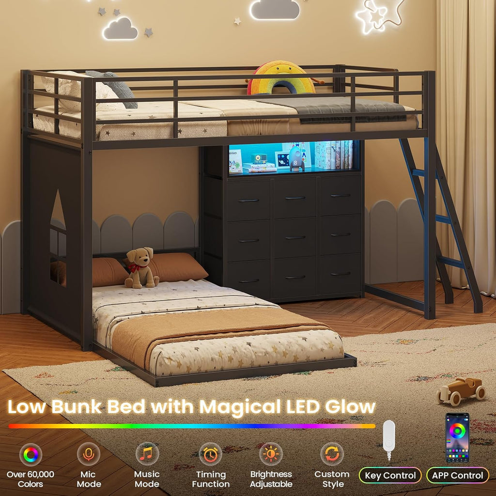 Low Bunk Bed Twin Over Twin with 9 Storage Drawers, L-Shaped Twin Bunk Beds with LED Lights & Play Area