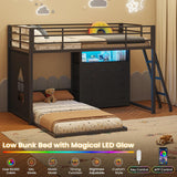 Low Bunk Bed Twin Over Twin with 9 Storage Drawers, L-Shaped Twin Bunk Beds with LED Lights & Play Area