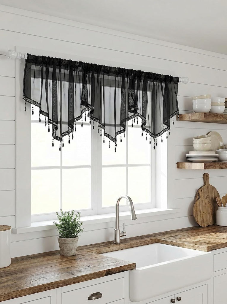 Swag Curtain 51 inch Length Rod Pocket Scalloped Curtain Valance Sheer Lace Panels with Hanging Crystal Beads for Kitchen Bedroom Window Treatments Drape Decor 1pc (Black, 51Wx23L)
