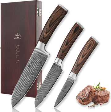 3-Piece Damascus Kitchen Knife Set in Wooden Gift Box | VG10 core, 67 layers genuine Damascus steel, 60 HRC, 7-inch