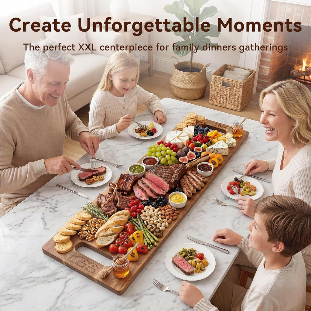 36 Inch Extra Large Charcuterie Board, Acacia Wood Long Serving Board with Handles and 2 Stands, Rectangular Cheese